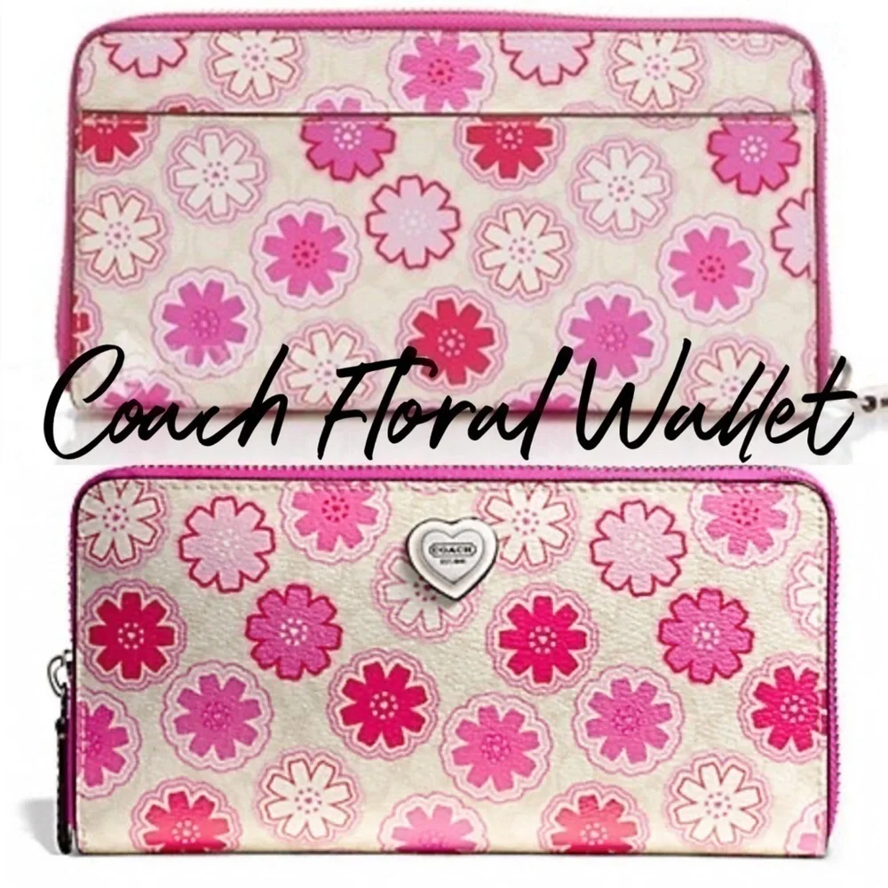 COACH FLORAL PRINT ACCORDION ZIP WALLET F50672 White and Pink Vintage Y2K - Picture 8 of 9